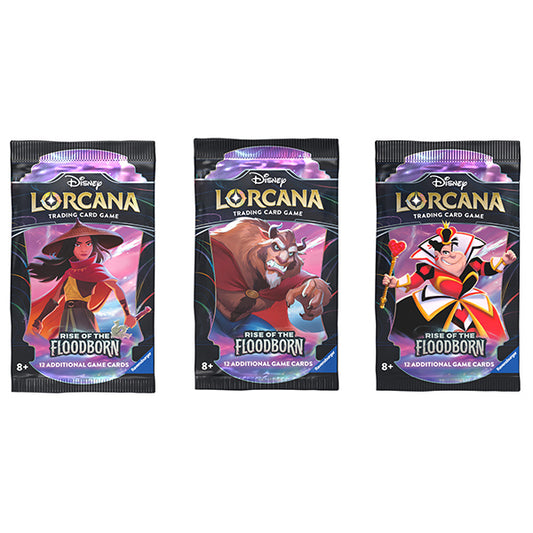 Three Disney Lorcana Rise of the Floodborn trading card game booster packs. Each pack features a different Disney character, including Raya, Beast, and the Queen of Hearts. All three packs have a black background with colorful artwork.