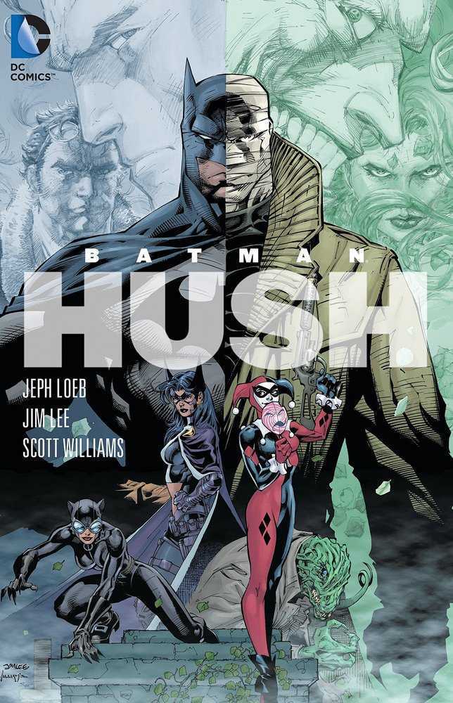 Comic book cover featuring Batman, Hush, Catwoman, Harley Quinn, Huntress, Poison Ivy, and the Joker.