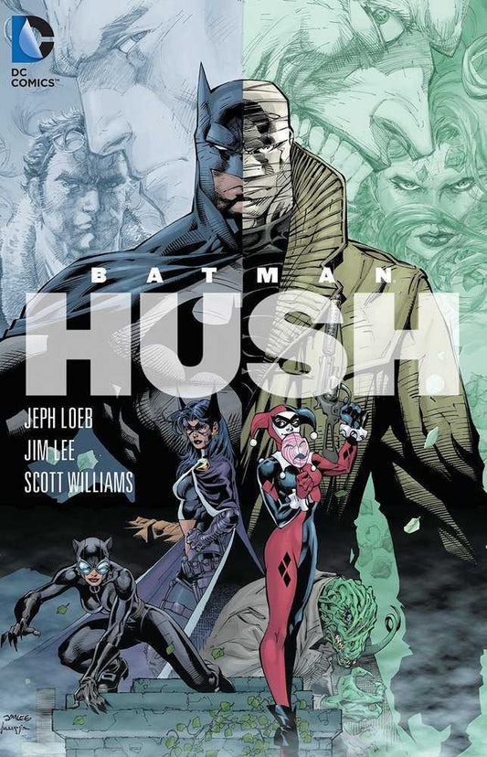 Comic book cover featuring Batman, Hush, Catwoman, Harley Quinn, Huntress, Poison Ivy, and the Joker.