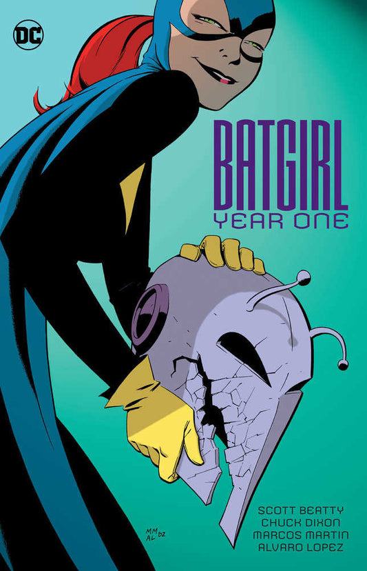 Batgirl in black and blue costume holds broken grey helmet. Purple text on green background.