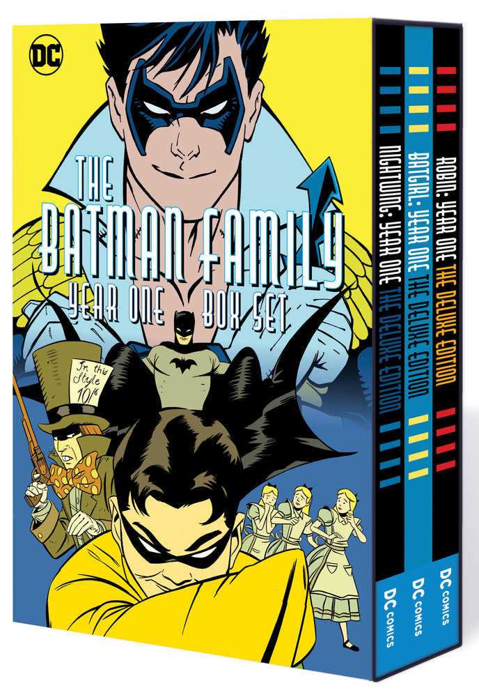 Comic book box set with illustrated figures of Batman family characters.