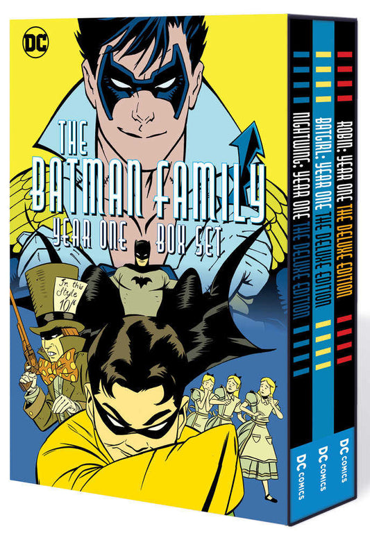 Comic book box set with illustrated figures of Batman family characters.