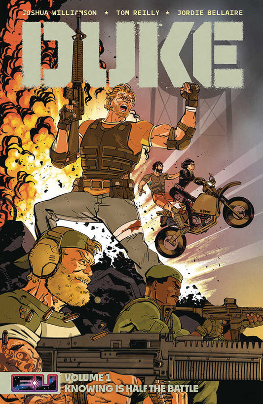 Comic book cover art featuring a blonde man with a gun above soldiers with rifles, an explosion, and a motorcycle.