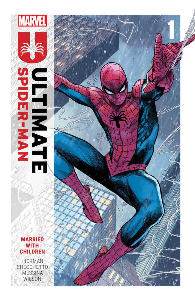 Comic book cover featuring Spider-Man in costume leaping through a city.