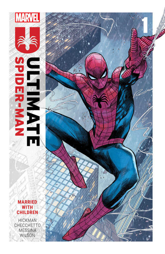 Comic book cover featuring Spider-Man in costume leaping through a city.