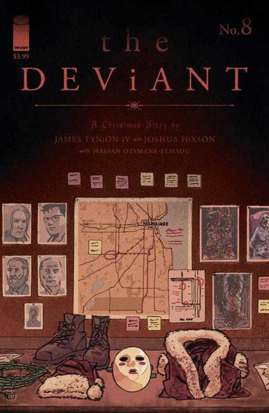 Comic book cover: "The Deviant" No. 8, featuring a map of Milwaukee, portraits, boots, a Santa hat, and a fur-collared coat.