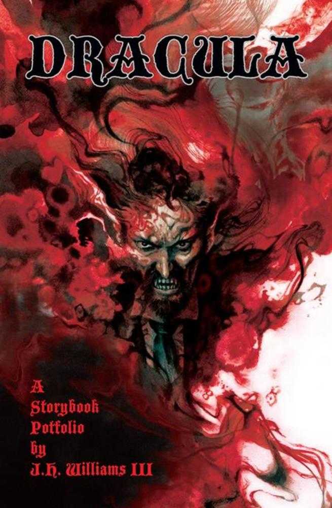 "Dracula: A Storybook Portfolio by J.H. Williams III" book cover. Dracula's frightening face emerges from a red and black mist.
