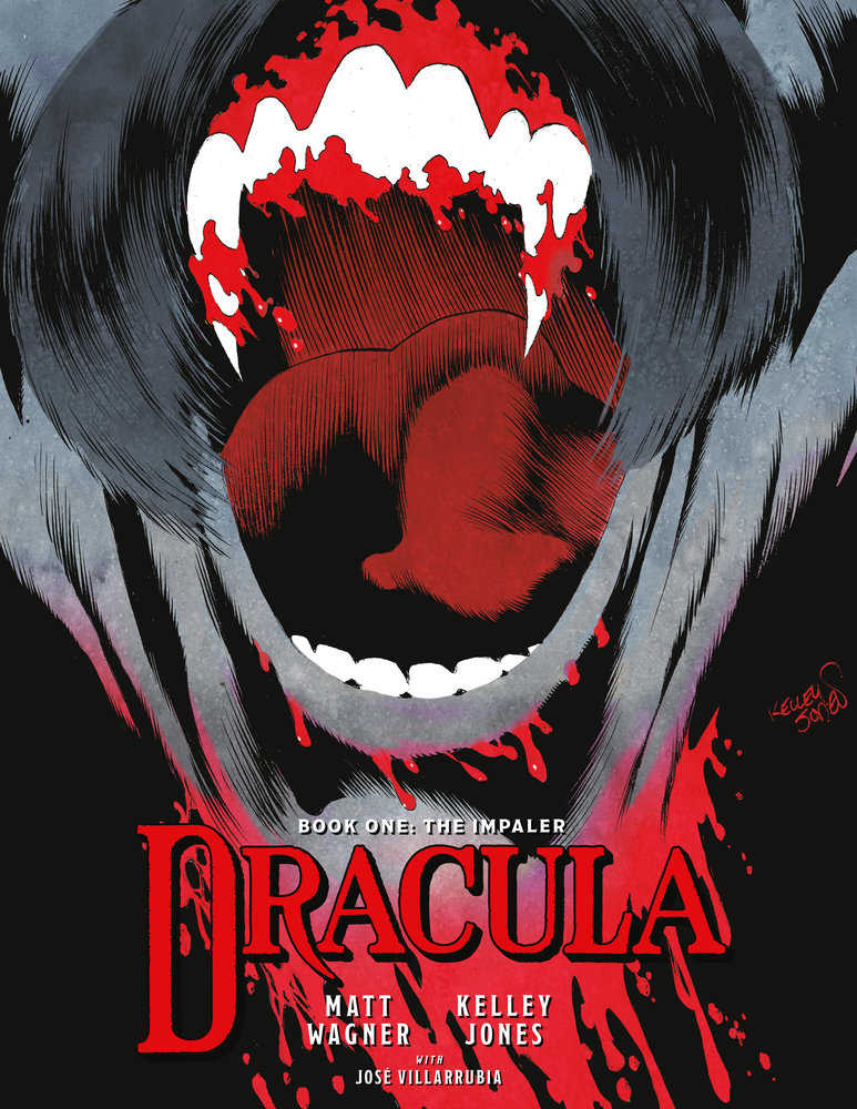 Close-up of the book cover for "Dracula: Book One: The Impaler". The image features a large, open mouth with prominent teeth and blood, covering the lettering for the word "Dracula" and names Matt Wagner, Kelley Jones, and José Villarrubia.