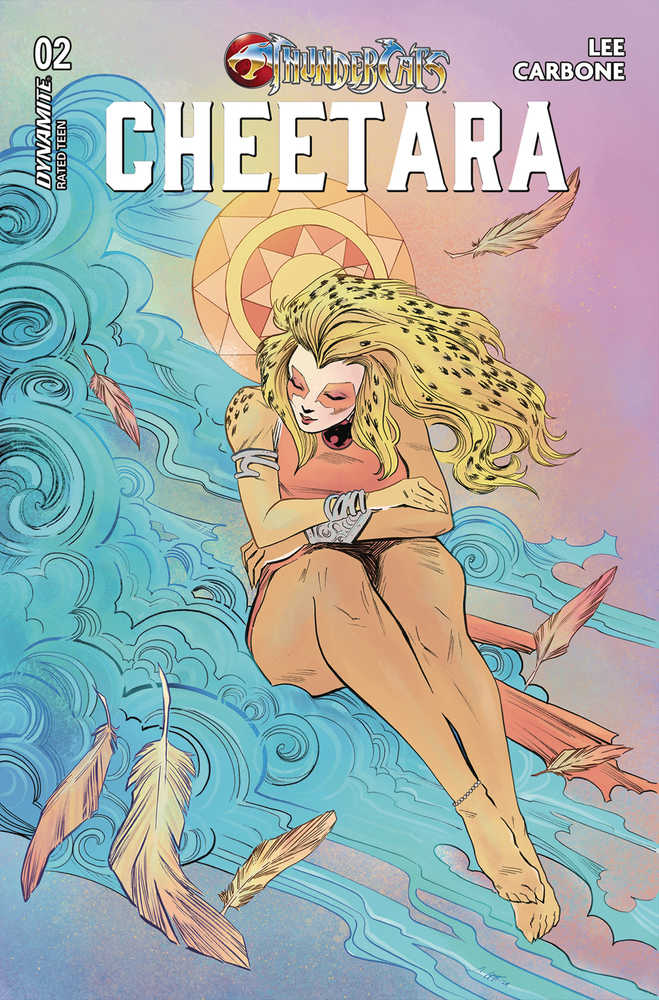 Comic book cover featuring Cheetara from Thundercats sitting on a cloud surrounded by feathers.