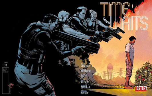 Comic book cover. Four people pointing guns at a man in a field. "Time Waits" title. Issue number and price information.  Credits list. Water tower and power lines in the background.