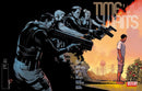 Comic book cover. Four people pointing guns at a man in a field. "Time Waits" title. Issue number and price information.  Credits list. Water tower and power lines in the background.