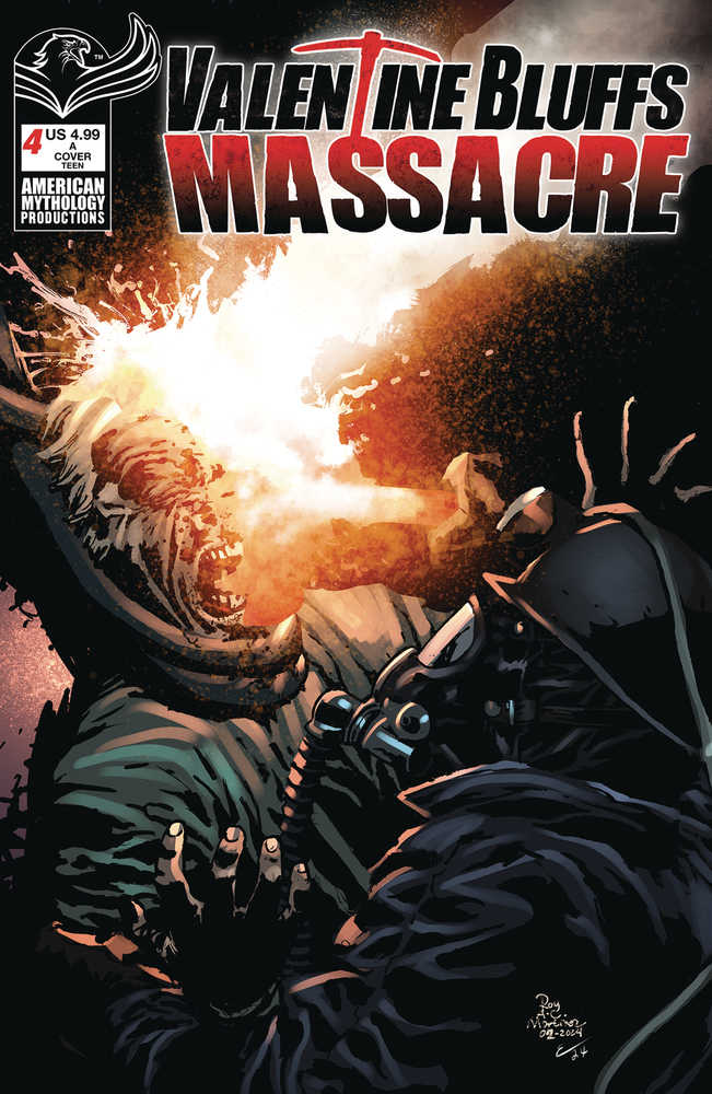 Comic book cover: "Valentine Bluffs Massacre" featuring an attacker with a gas mask seemingly burning a victim's face.
