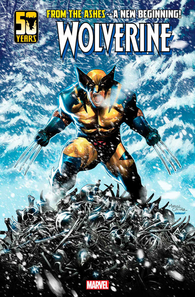 Comic book cover featuring Wolverine standing atop a pile of skulls and bones. He is wearing his classic yellow and blue costume with metal claws extended. The backdrop features a snowy, blue landscape. Text reads "From the Ashes - A New Beginning!" and "Wolverine".
