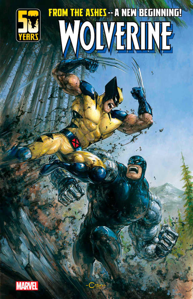 Comic book cover featuring Wolverine in yellow and blue attacking a metallic character in a forest.