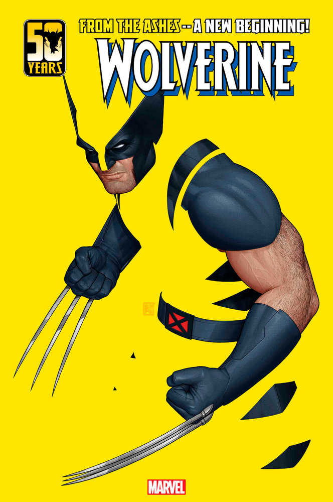 Comic book cover of Wolverine in yellow and black suit with claws.