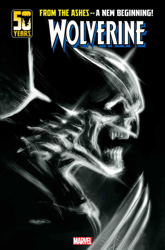 Comic book cover of "Wolverine: From the Ashes--A New Beginning!" featuring a ghostly, white image of Wolverine against a black background. He is in profile, with his claws extended. The Marvel logo is in the bottom center. The title "Wolverine" is in blue and white above the image, and a 50th anniversary logo is in the upper left corner.