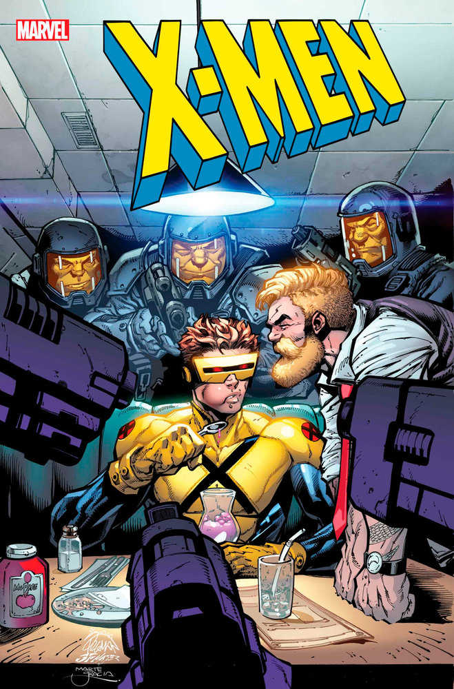 Comic book cover featuring Cyclops eating at a table with armed guards and the X-Men logo at the top.