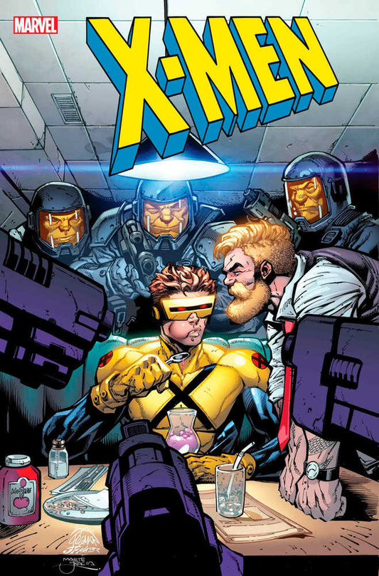 Comic book cover featuring Cyclops eating at a table with armed guards and the X-Men logo at the top.