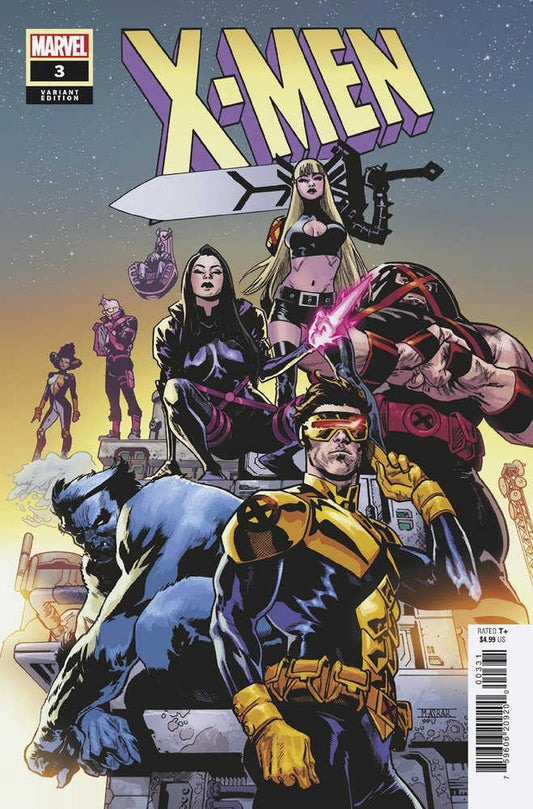 Comic book cover featuring X-Men characters in black, yellow, blue, purple, and skin tones against a sky background.