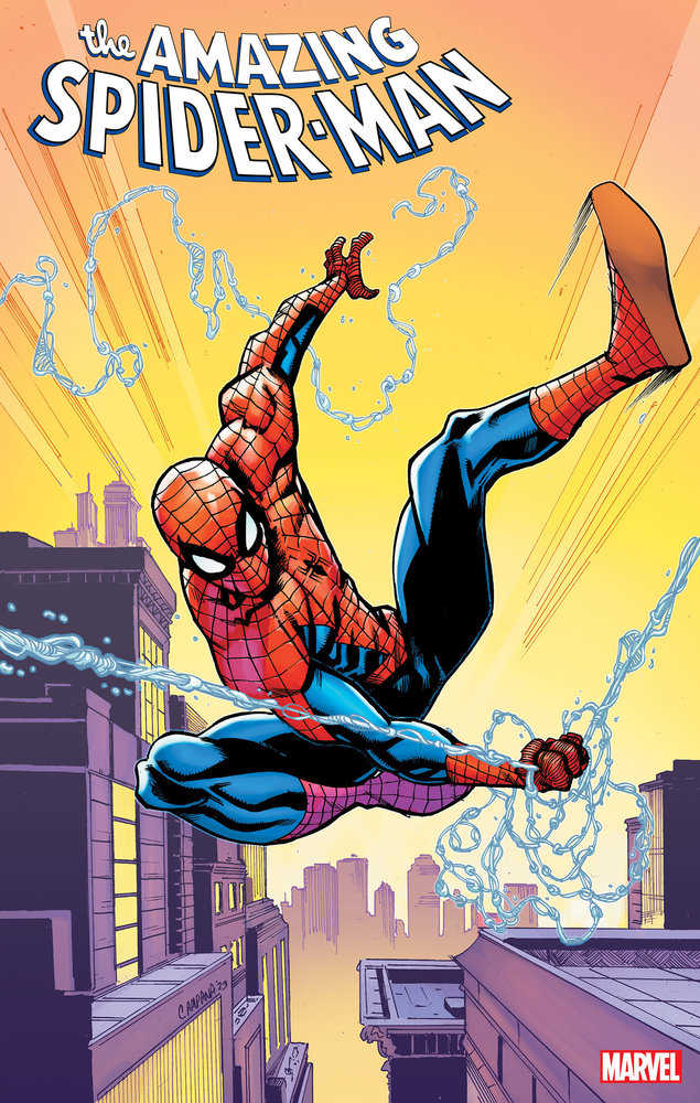 Spider-Man leaps through the air, web-slinging above city rooftops on a comic book cover.