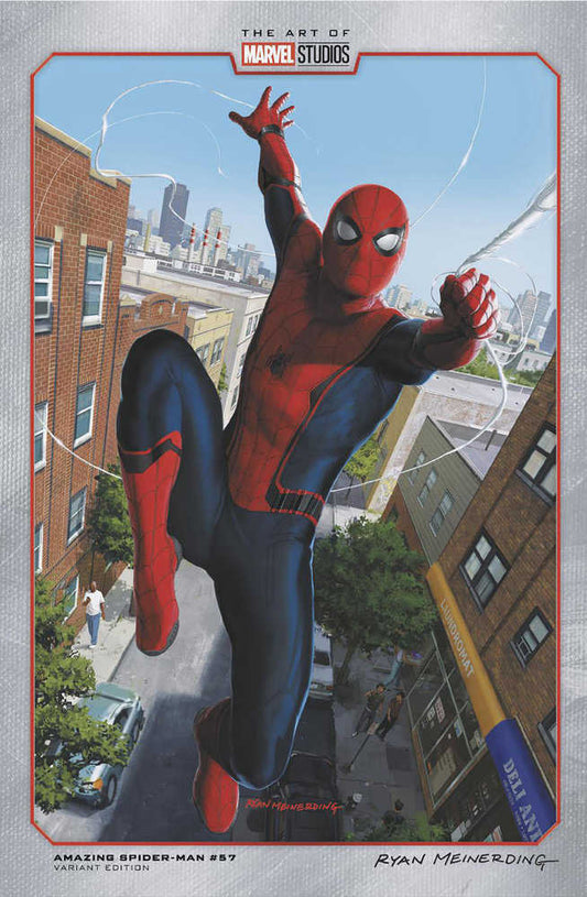 Marvel Comics "Amazing Spider-Man #57" variant cover featuring Spider-Man swinging through a city street.