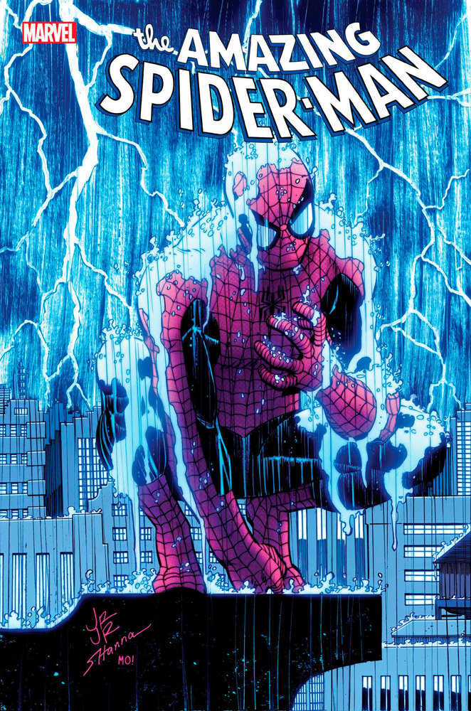 Comic book cover featuring Spider-Man in the rain against a cityscape backdrop.