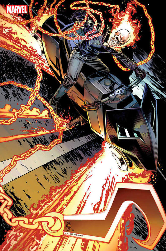 Comic book cover of Ghost Rider on a futuristic motorcycle with flaming chains.