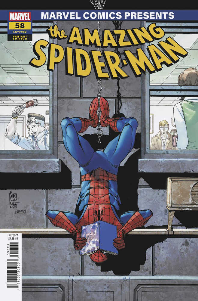 Comic book cover with Spider-Man hanging upside down reading.