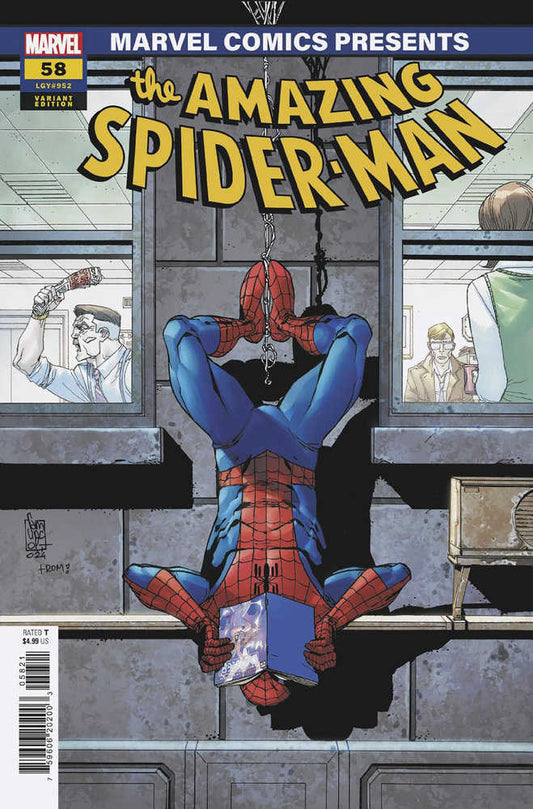 Comic book cover with Spider-Man hanging upside down reading.