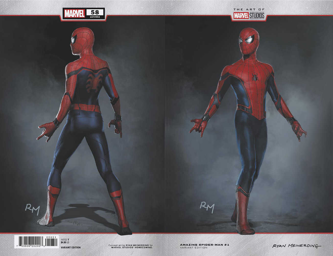 Two depictions of Spider-Man in a red and blue suit with black spider emblems, showcasing the front and back views.