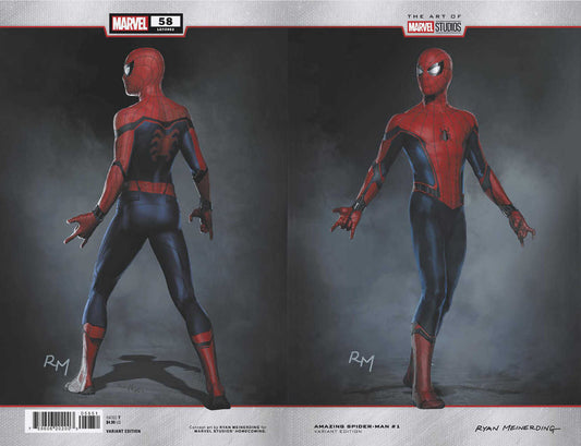 Two depictions of Spider-Man in a red and blue suit with black spider emblems, showcasing the front and back views.