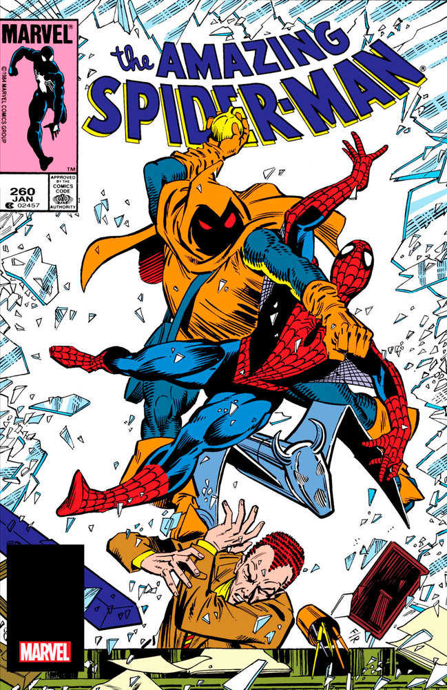 Comic book cover featuring Spider-Man, Hobgoblin, and a man in a suit amidst shattered glass.