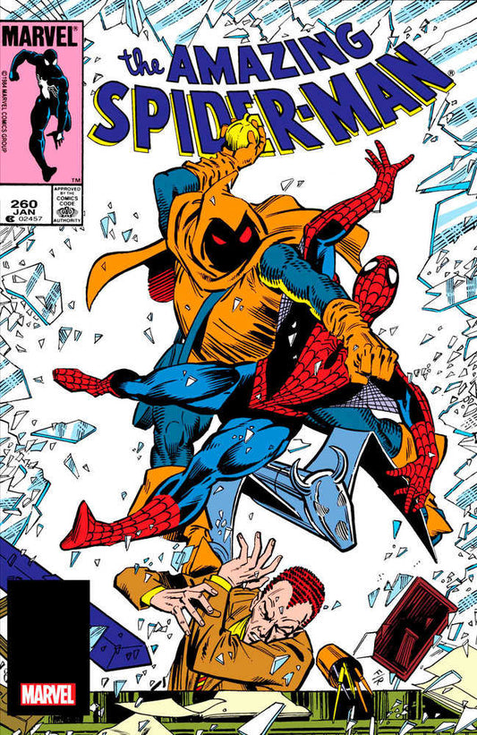 Comic book cover featuring Spider-Man, Hobgoblin, and a man in a suit amidst shattered glass.