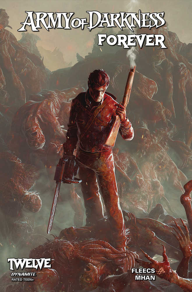 Comic book cover with bloody man holding shotgun and chainsaw. Title: "Army of Darkness Forever." Red and brown tones.
