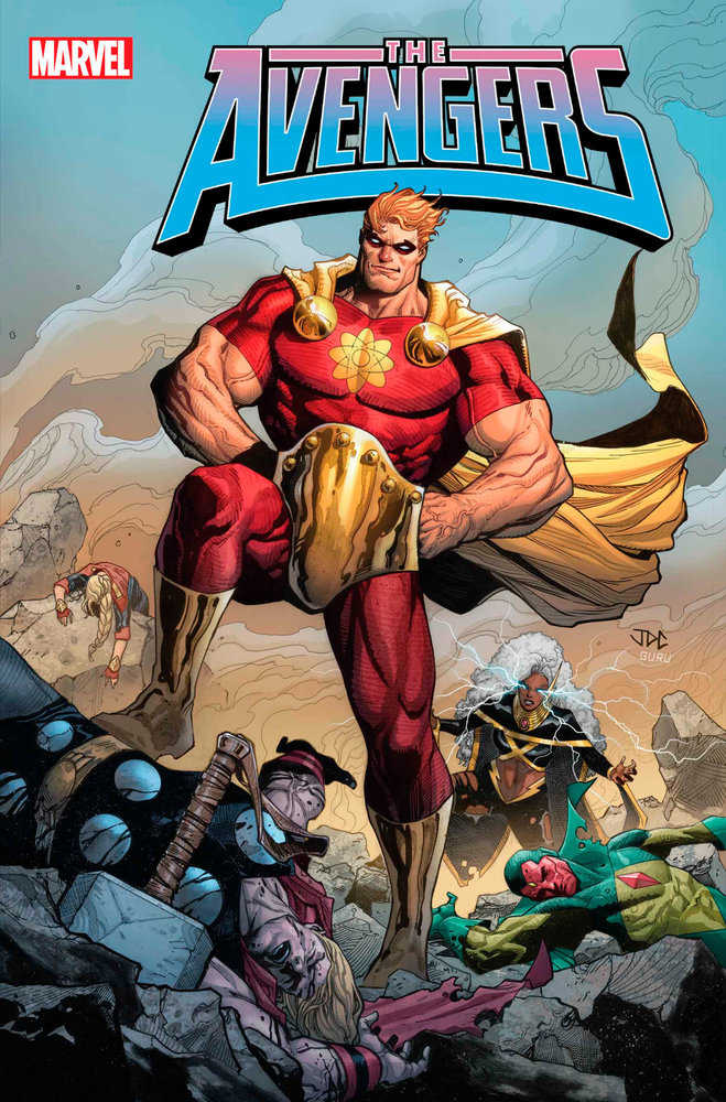 Comic book cover featuring Hyperion standing over fallen Avengers.
