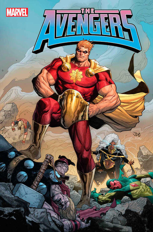 Comic book cover featuring Hyperion standing over fallen Avengers.