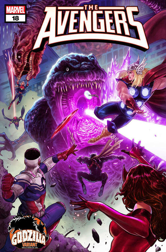 Comic book cover with Avengers fighting purple-hued monster. Thor, Captain America, Scarlet Witch, Captain Marvel, and Black Panther are present. Godzilla variant logo.