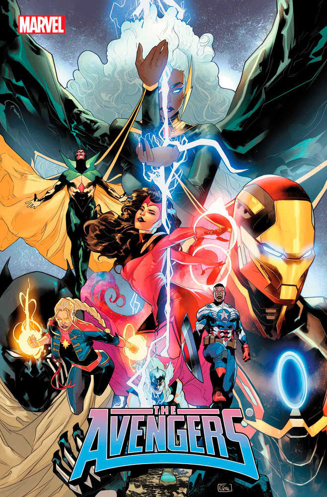 Comic book cover featuring Marvel's Avengers: Storm casting lightning, Scarlet Witch casting spells, Vision in a cape, Captain Marvel glowing, Iron Man, and Captain America. The title "The Avengers" is in large blue letters.