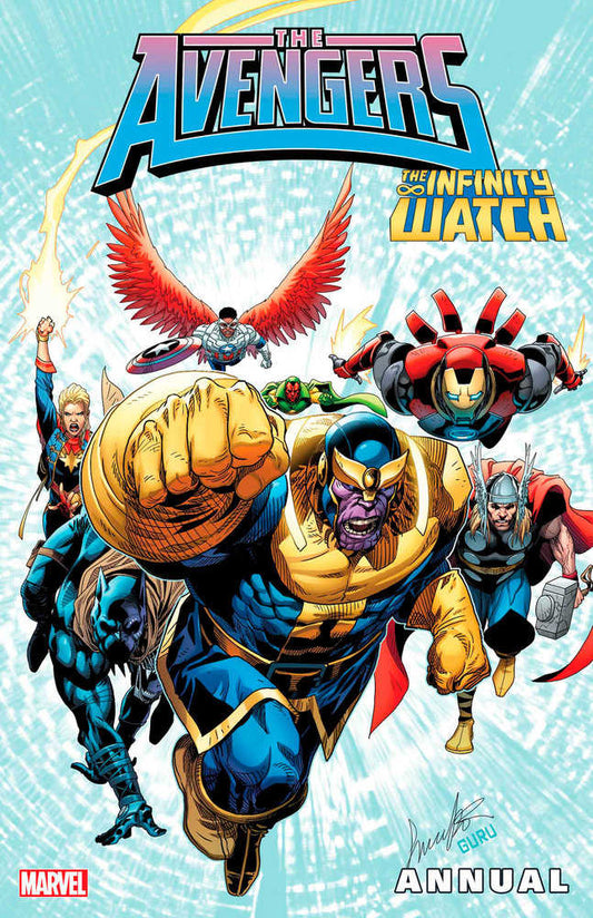 Comic book cover art of the Avengers, including Thanos, Captain Marvel, Iron Man, and Captain America, in bright colors with a swirling blue background.