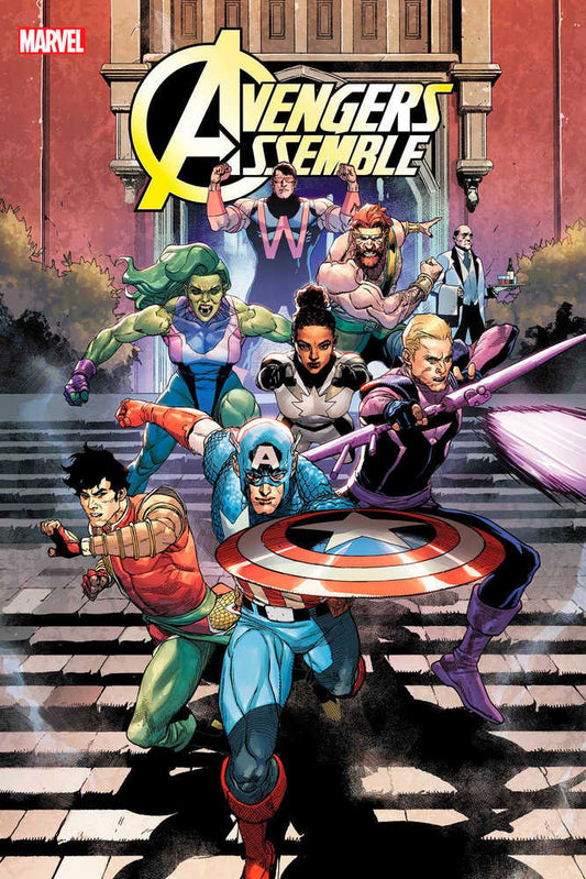 Comic book cover: Avengers Assemble team in action, including Captain America, She-Hulk, Shang-Chi, and others, against a building backdrop.
