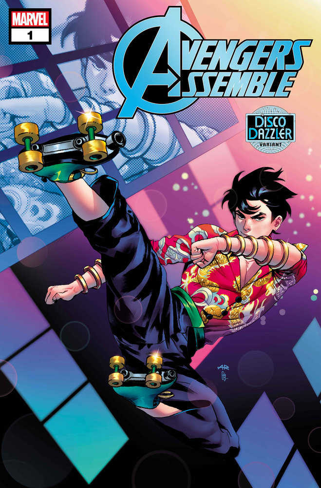 Comic book cover featuring a young man with black hair in a disco-inspired outfit, balancing with a roller skate. He is wearing a red dragon print shirt with a green sash, dark pants, and multiple gold bracelets. The title "Avengers Assemble" is visible above the subject.