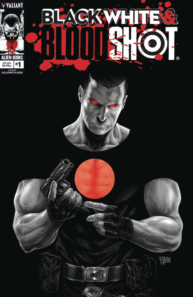 Comic book cover featuring the character Bloodshot in a black and white illustration with red accents.