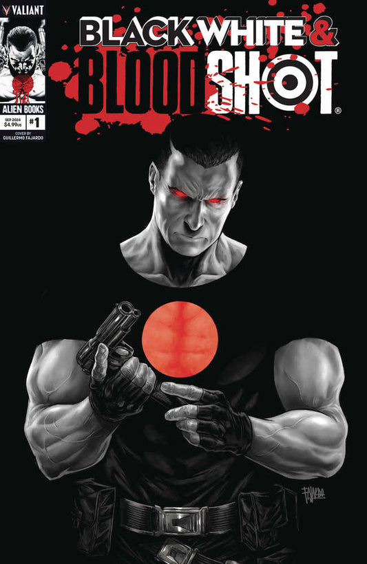 Comic book cover featuring the character Bloodshot in a black and white illustration with red accents.