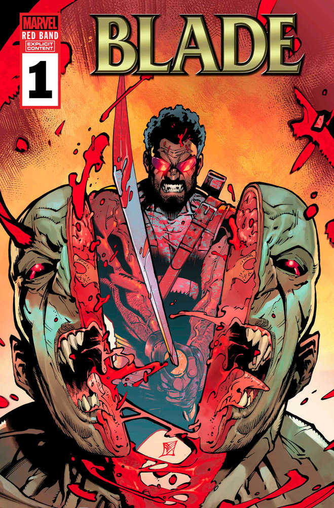 Comic book cover: "Blade" #1, featuring a blood-soaked, sword-wielding Blade standing amidst a dismembered vampire.