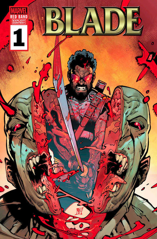 Comic book cover: "Blade" #1, featuring a blood-soaked, sword-wielding Blade standing amidst a dismembered vampire.
