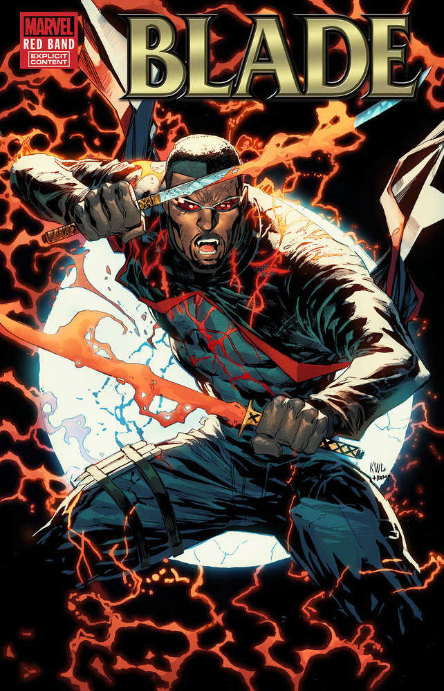 Comic book cover featuring Blade with swords, red eyes, and bared fangs, surrounded by orange energy.