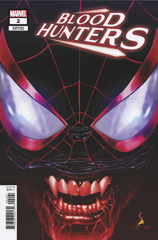Comic book cover art: "Blood Hunters" issue 2, featuring a menacing close-up of Spider-Man with vampiric teeth and glowing eyes, set against a red web pattern.