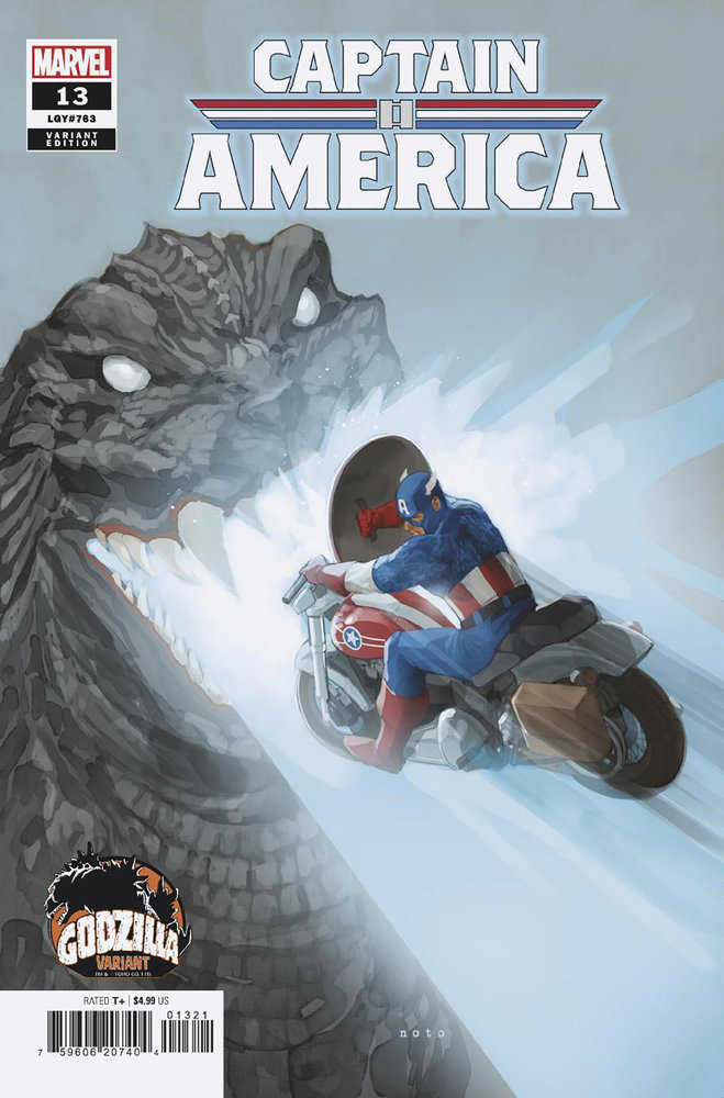Comic book cover featuring Captain America riding a motorcycle and shielding himself from Godzilla's atomic breath.
