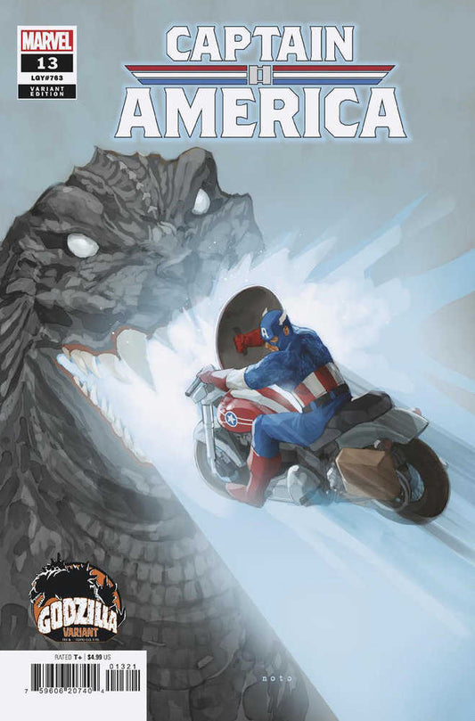 Comic book cover featuring Captain America riding a motorcycle and shielding himself from Godzilla's atomic breath.