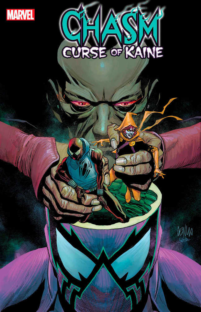 Comic book cover featuring Chasm: Curse of Kaine. It depicts a dark-skinned character with glowing red eyes looming over Kaine in a hoodie and a female figure in an orange jester costume being held in hands above a head with spider-like eyes.